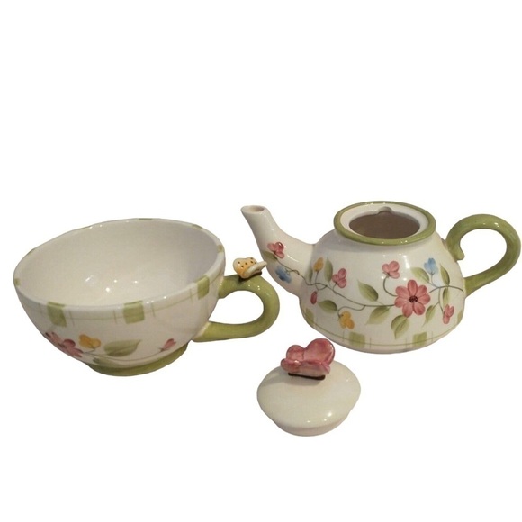 NIB HOME INTERIORS Tea for One Ceramic Floral Teapot & Cup Set w/ Butterfly Lid - Picture 3 of 9